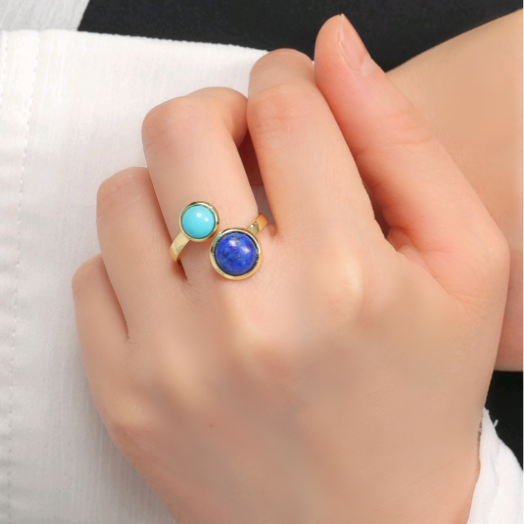 コーデリングおまけ中♪『空』《ターコイズ×ラピスラズリ》天然石フォークリング【サージカルステンレス《ゴールド/シルバー》