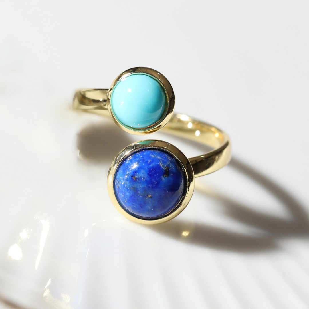 コーデリングおまけ中♪『空』《ターコイズ×ラピスラズリ》天然石フォークリング【サージカルステンレス《ゴールド/シルバー》