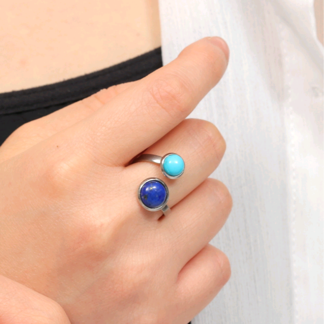 コーデリングおまけ中♪『空』《ターコイズ×ラピスラズリ》天然石フォークリング【サージカルステンレス《ゴールド/シルバー》