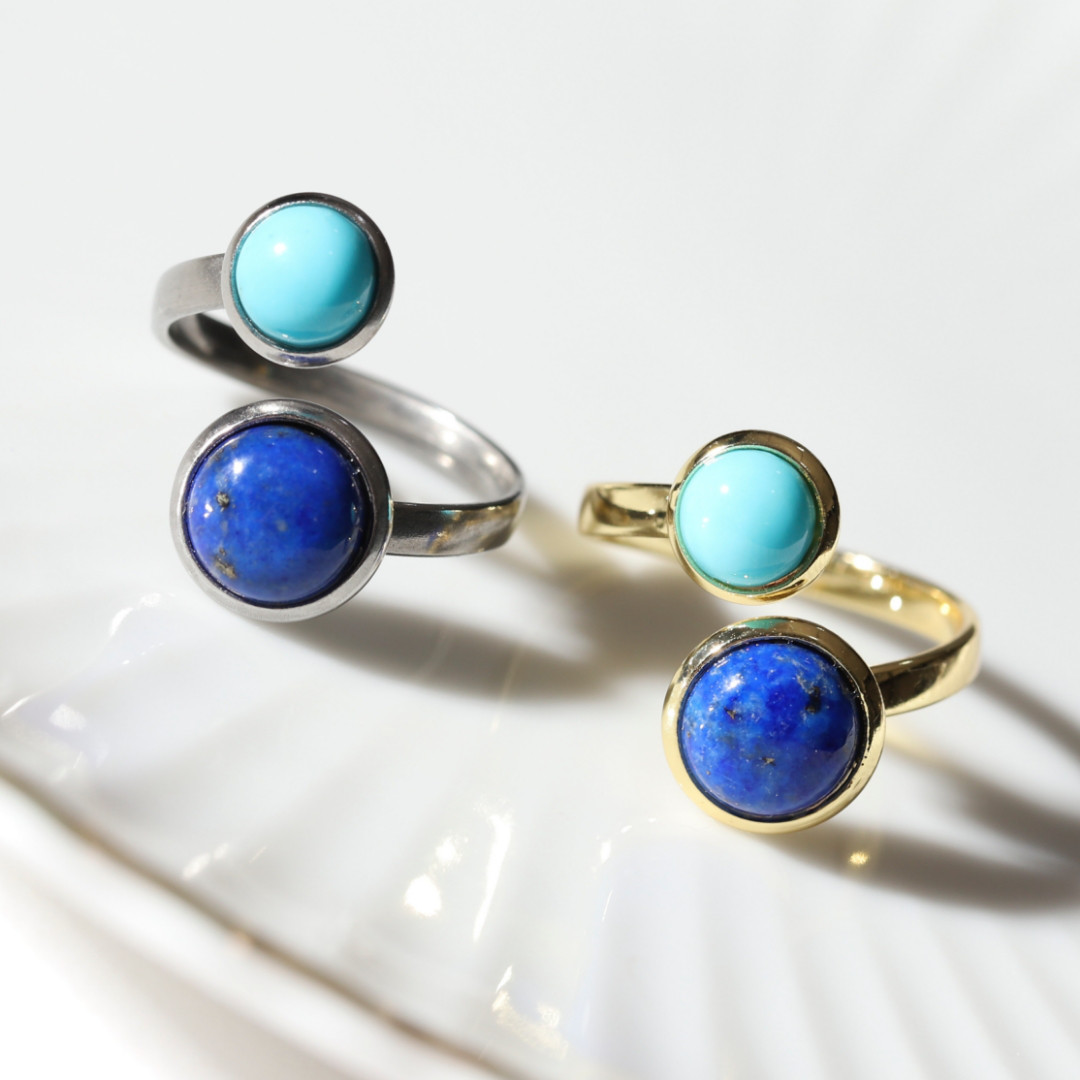 コーデリングおまけ中♪『空』《ターコイズ×ラピスラズリ》天然石フォークリング【サージカルステンレス《ゴールド/シルバー》