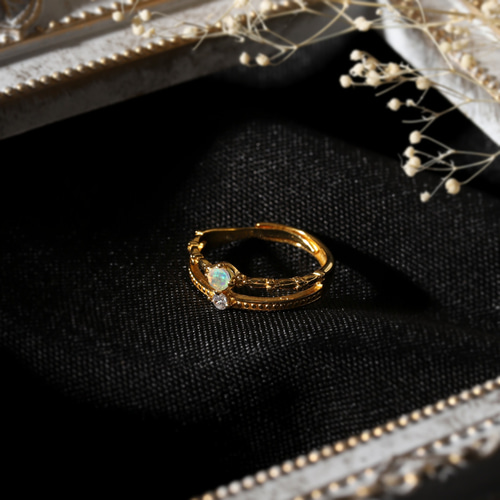 オパール天然石リング◇ダブルライン【ゴールド】約12-17号迄OK【18kgp