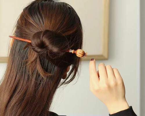 ハンドメイド かんざし 手作り ポピー 木簪 黄檀 鹿の角
