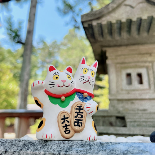 W LUCKY CAT 招き猫 白 大 吉 招財貓 招福犬 招财猫 ネコ 縁起物 置物