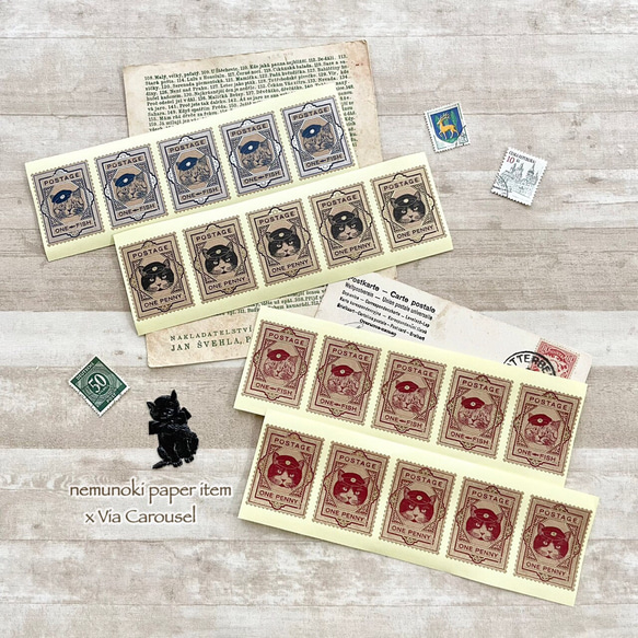 485満洲第三次通郵切手13銭シート 100枚セット紙に貼り付け 猫たちの郵便局 活版印刷＆箔押し切手シール10枚セット シール