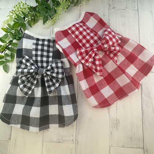 犬服 No.193 かすれ風チェックワンピース ハンドメイド 犬服 No.193 かすれ風チェックワンピース ハンドメイド
