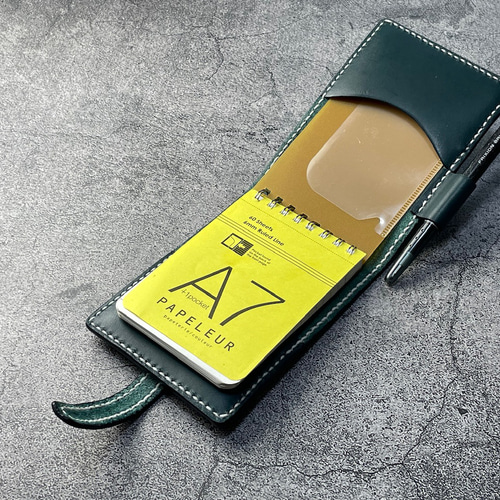 手縫】ブルーグリーン色A7メモ帳本革カバー その他ケース エムデザイン