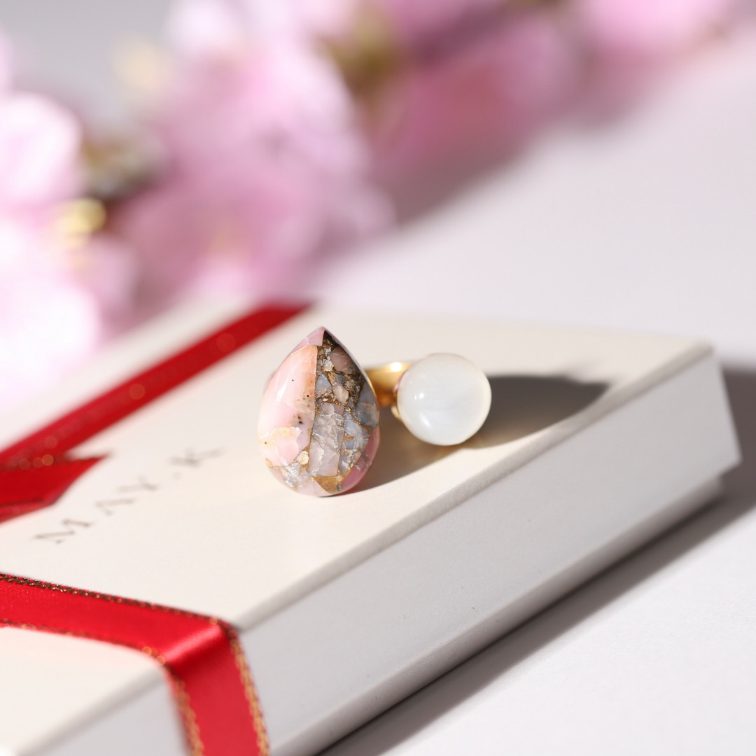 リングおまけ♪『桜』《ピンクオパールコッパー×ムーンストーン》天然石フォークリング【サージカルステンレス】アレルギー対応