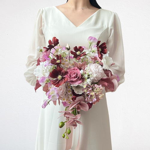 1点ものウェディングブーケ】 ボルドー×モーヴ ほんのりハートシェイプ  