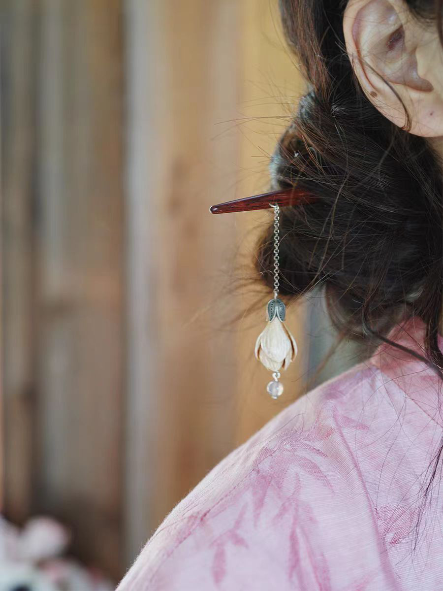 ハンドメイド かんざし 手作り エルフの花 木簪 黄檀 鹿の角 マジェステ 和装髪飾り ヘアアクセサリー 誕生日 記念日
