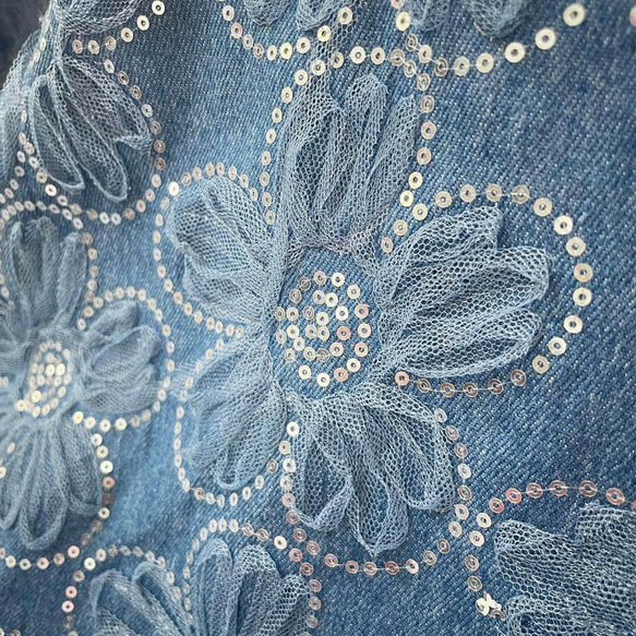 d3▽デニム刺しゅう生地▽花柄 レース スパンコール 立体感 フラワー
