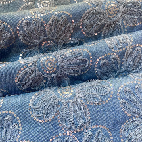 d3▽デニム刺しゅう生地▽花柄 レース スパンコール 立体感 フラワー