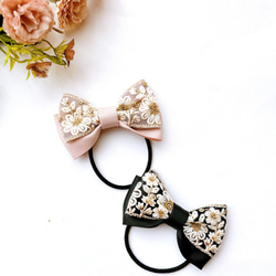 花柄インド刺繍リボン ヘアゴム こども〜大人まで ブラック、ピンク