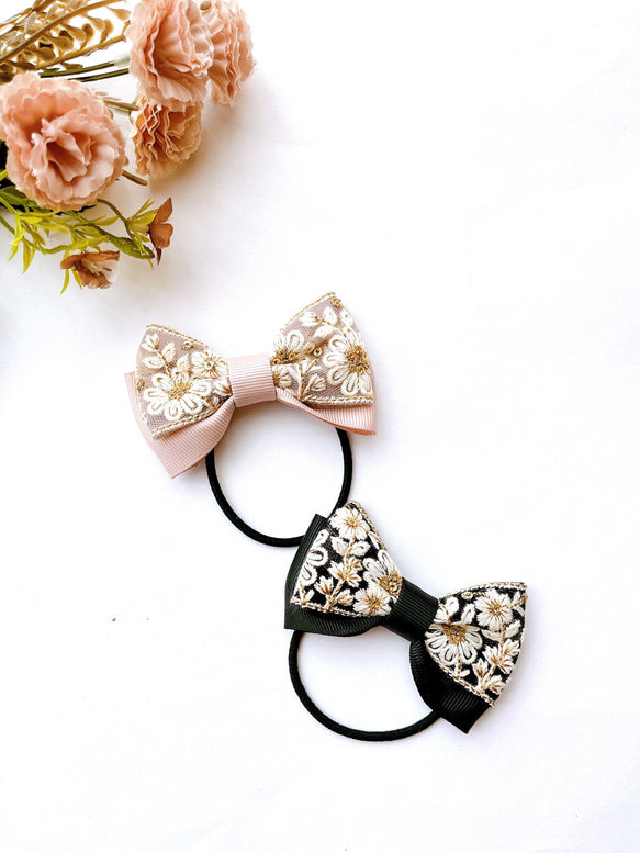 花柄インド刺繍リボン ヘアゴム こども〜大人まで ブラック