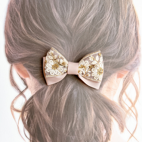 花柄インド刺繍リボン ヘアゴム こども〜大人まで ブラック