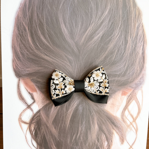 花柄インド刺繍リボン ヘアゴム こども〜大人まで ブラック、ピンク