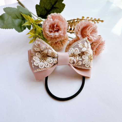 花柄インド刺繍リボン ヘアゴム こども〜大人まで ブラック、ピンク