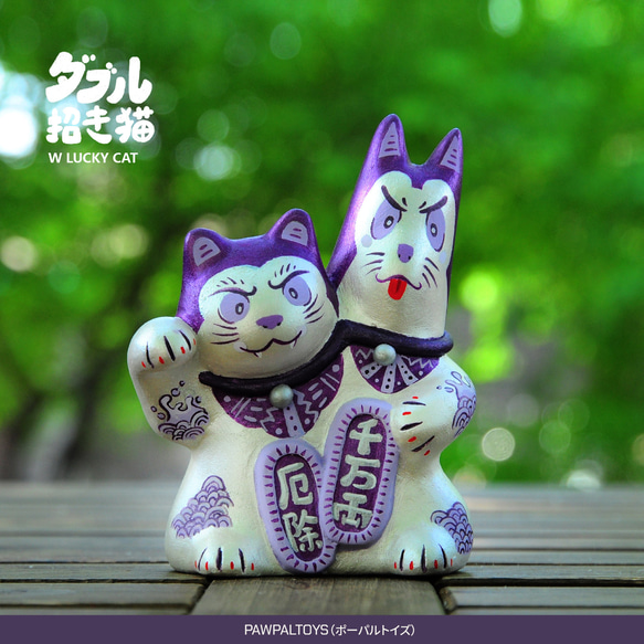 W LUCKY CAT 招き猫 紫（むらさき）富士山 招財貓 招财猫 ネコ 招福犬