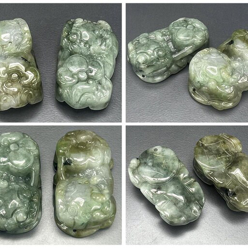 天然石ヒスイの彫刻置物 一点物逸品天然石ひすい本翡翠如意ヒキュウ彫刻ペア710-051RZa置物風水