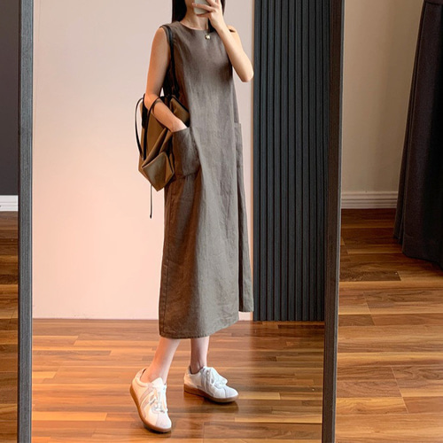 天然素材リネン亜麻ノースリーブワンピースSJ2066 ワンピース olive 