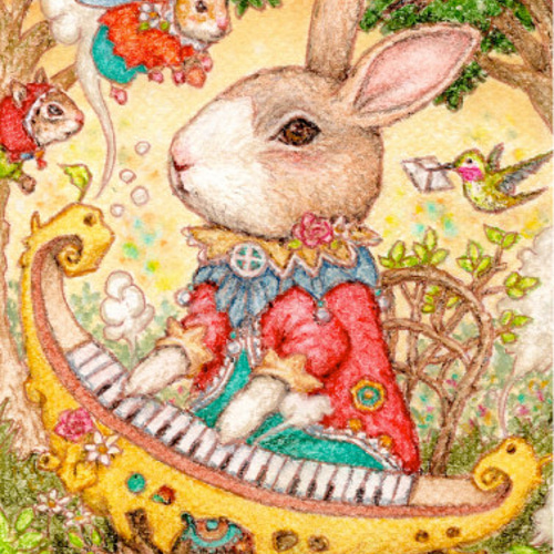 原画】『共鳴する森の音』（うさぎ 絵画 パステル画 ウサギ