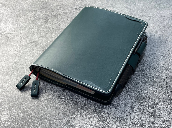 【手縫】ジブン手帳B6スリムmini 用ブルーグリーン色本革カバー（バタフライストッパー） IDEA/LIFE も収納可 4枚目の画像