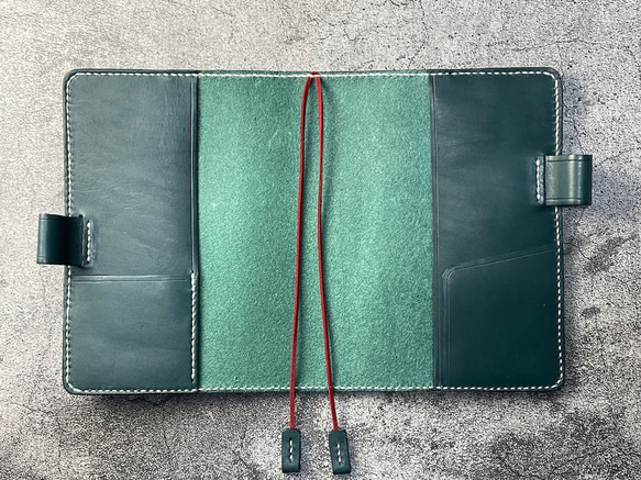 【手縫】ジブン手帳B6スリムmini 用ブルーグリーン色本革カバー（バタフライストッパー） IDEA/LIFE も収納可 9枚目の画像