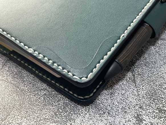 【手縫】ジブン手帳B6スリムmini 用ブルーグリーン色本革カバー（バタフライストッパー） IDEA/LIFE も収納可 7枚目の画像