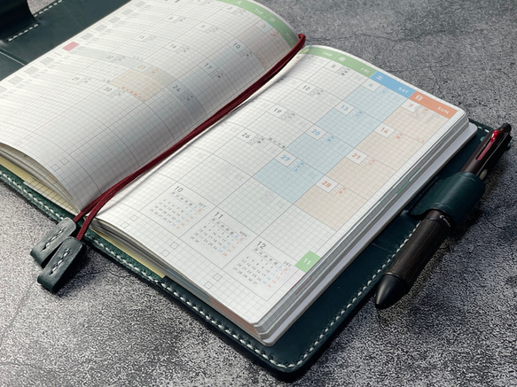 【手縫】ジブン手帳B6スリムmini 用ブルーグリーン色本革カバー（バタフライストッパー） IDEA/LIFE も収納可 3枚目の画像