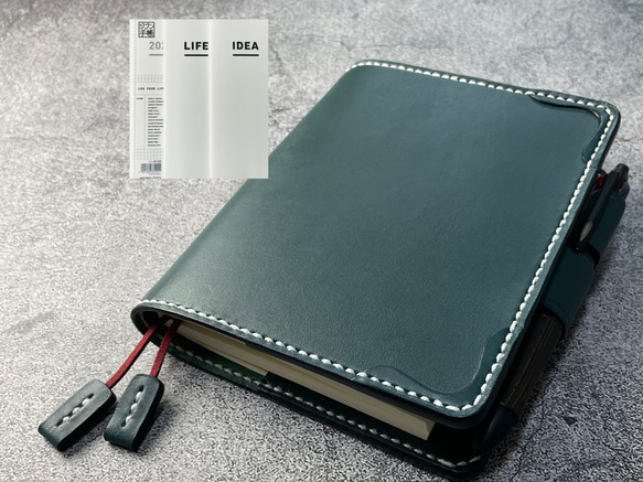 【手縫】ジブン手帳B6スリムmini 用ブルーグリーン色本革カバー（バタフライストッパー） IDEA/LIFE も収納可 2枚目の画像