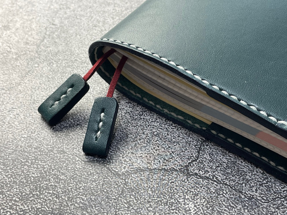 【手縫】ジブン手帳B6スリムmini 用ブルーグリーン色本革カバー（バタフライストッパー） IDEA/LIFE も収納可 6枚目の画像