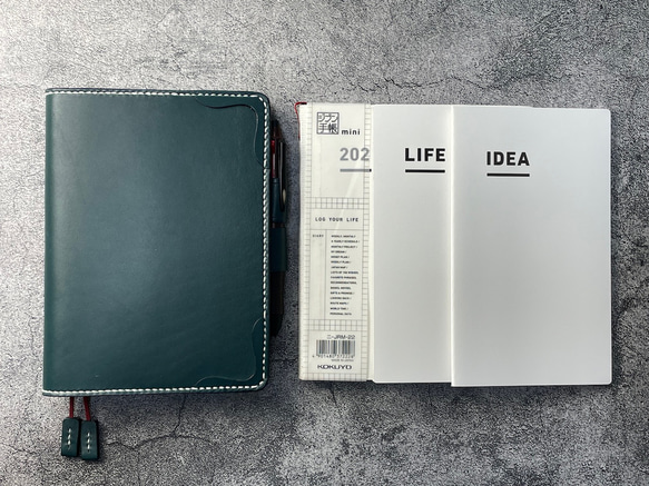 【手縫】ジブン手帳B6スリムmini 用ブルーグリーン色本革カバー（バタフライストッパー） IDEA/LIFE も収納可 1枚目の画像