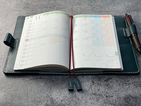 【手縫】ジブン手帳B6スリムmini 用ブルーグリーン色本革カバー（バタフライストッパー） IDEA/LIFE も収納可 5枚目の画像