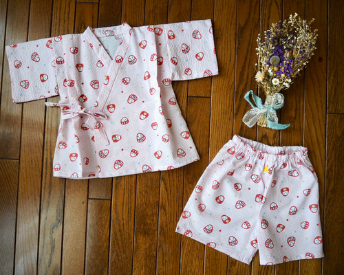 送料無料】子ども 甚平上下セット だるまさん 薄ピンク 子供服 with