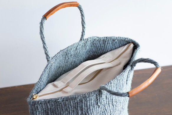 【帆布バッグ付き】サイザルバッグ かごバッグ ブルーグレー 編み込み 青 水色 麻 a4が入る ak-57si 9枚目の画像