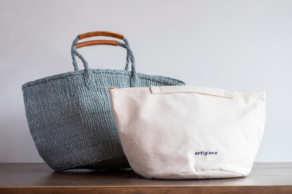 【帆布バッグ付き】サイザルバッグ かごバッグ ブルーグレー 編み込み 青 水色 麻 a4が入る ak-57si 3枚目の画像