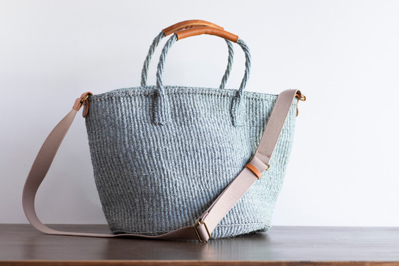 【帆布バッグ付き】サイザルバッグ かごバッグ ブルーグレー 編み込み 青 水色 麻 a4が入る ak-57si 4枚目の画像