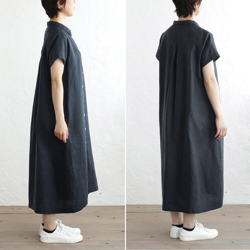 リネン 2way半袖シャツワンピース （ダークネイビー/濃紺）OP04