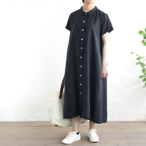 美品 Theory リネン混 シャツワンピース ウォッシャブル ネイビー リネン 2way半袖シャツワンピース （ダークネイビー/濃紺）OP04