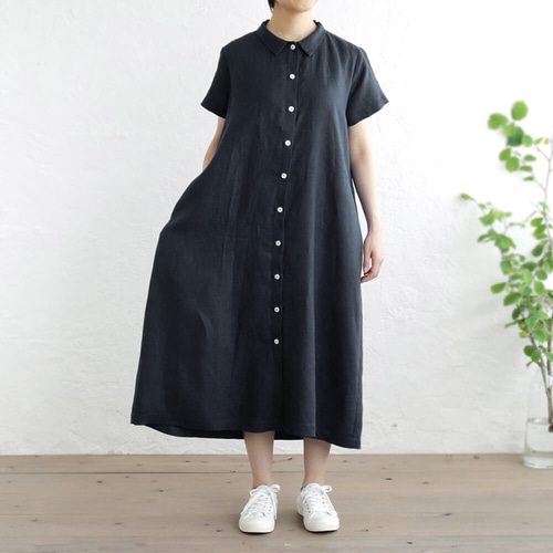 リネン 2way半袖シャツワンピース （ダークネイビー/濃紺）OP04