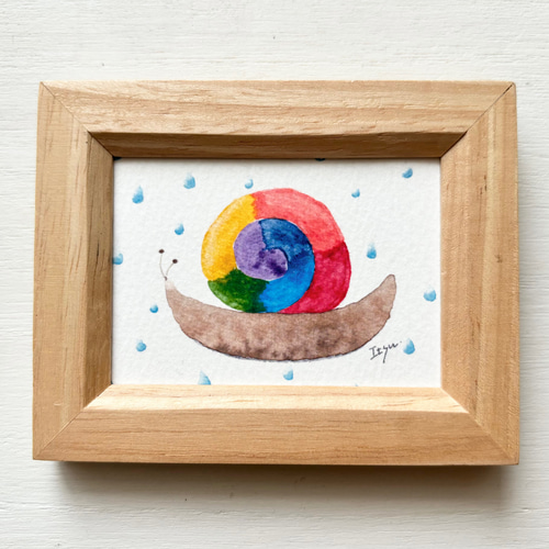 透明水彩画 ミニ額「虹色のかたつむり」イラスト カタツムリ 梅雨 雨
