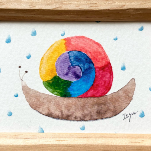 透明水彩画 ミニ額「虹色のかたつむり」イラスト カタツムリ 梅雨 雨