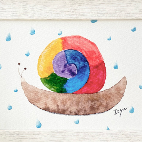 透明水彩画 A4ポスター「虹色のかたつむり」イラスト カタツムリ