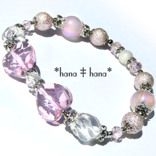 ハートリボン**‡ムーンストーン**ローズクォーツ‡**天然石ブレスレット