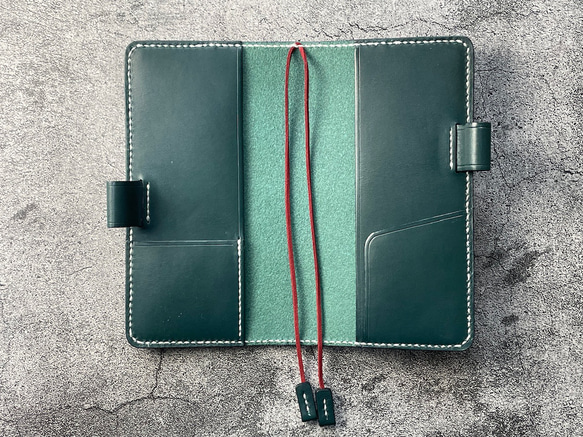 【手縫】ほぼ日手帳weeks通常版とMEGA兼用ブルーグリーン本革カバー（角花飾）2本しおり付き（バタフライストッパー） 8枚目の画像