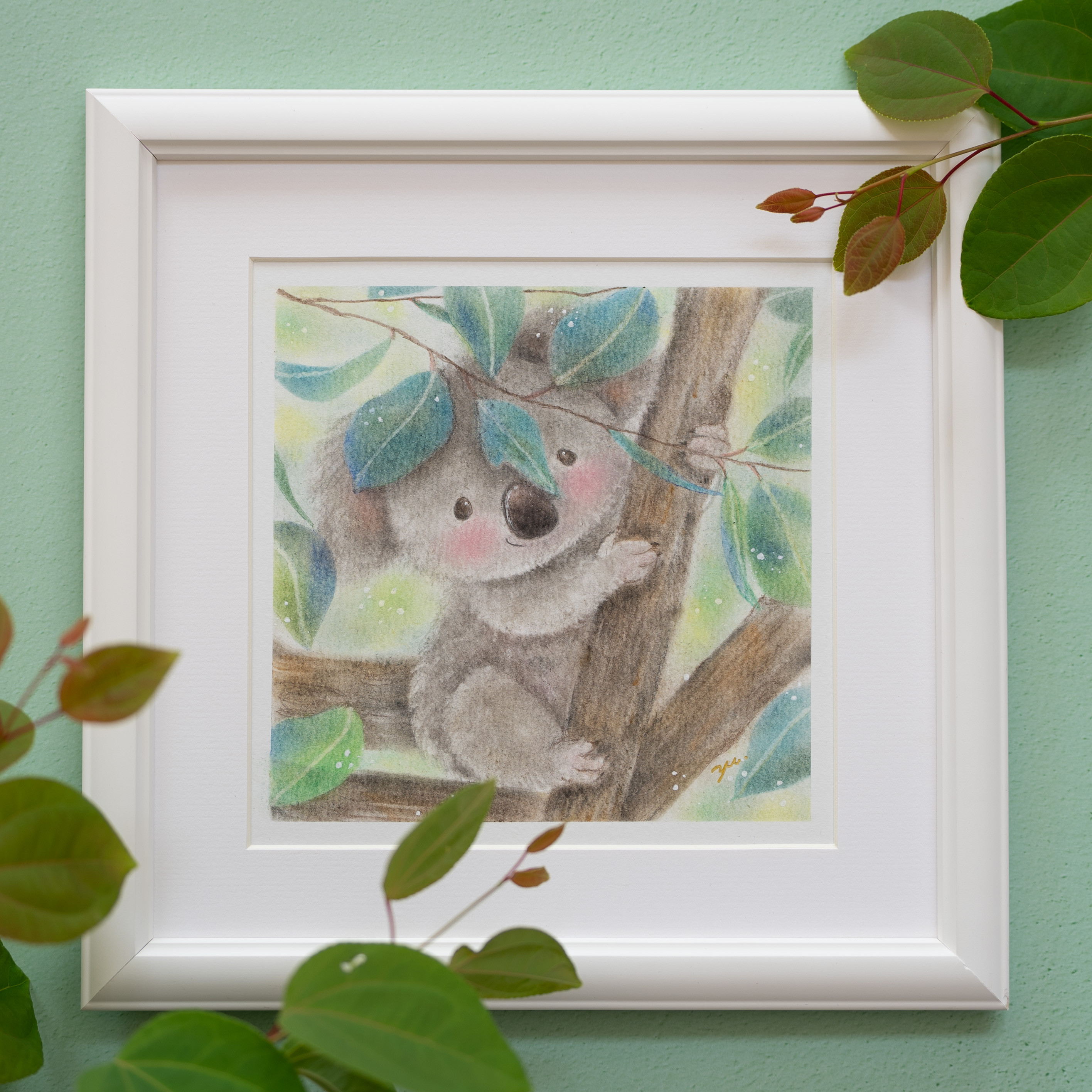 【原画・フレーム付き】「のんびりコアラさん」　パステルアート　こあら　インテリア　グリーン　緑　かわいい動物　イラスト