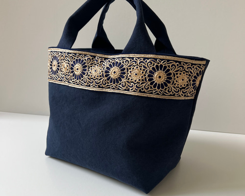 ヌビバック　トートバック　インド刺繍リボン ヌビバック トートバック インド刺繍リボン オーガンジーリボン