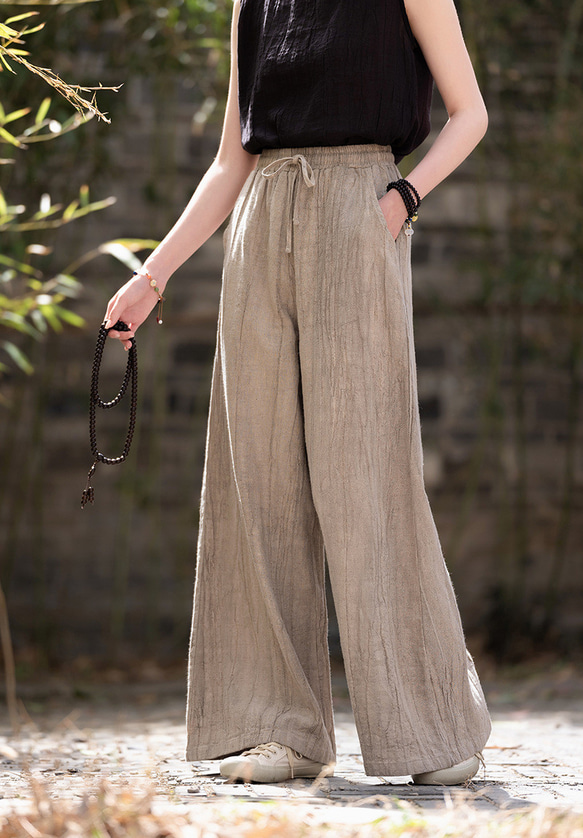 紮染め苎麻キュロット 砂洗ワイドパンツ #6196麥色 6枚目の画像