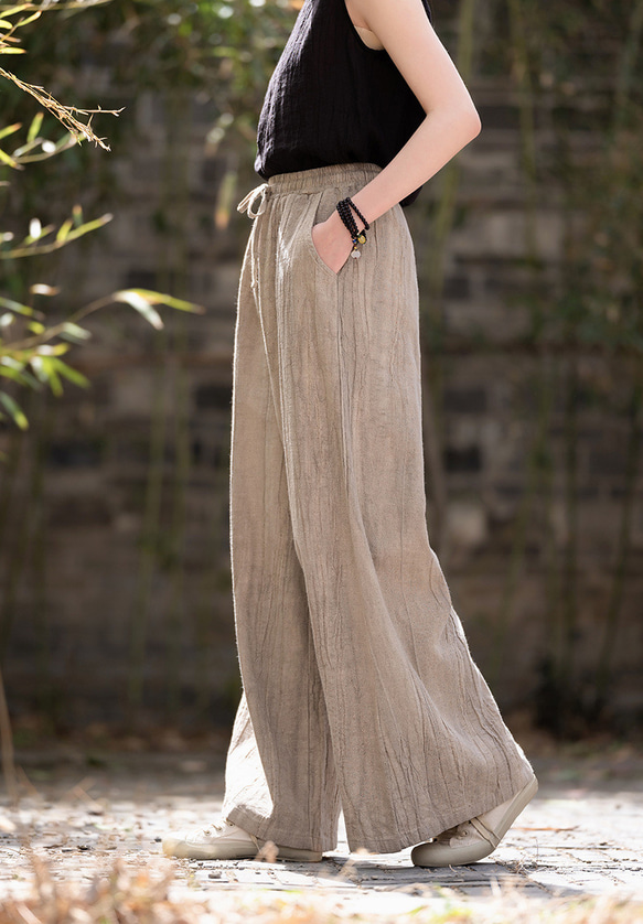 紮染め苎麻キュロット 砂洗ワイドパンツ #6196麥色 10枚目の画像