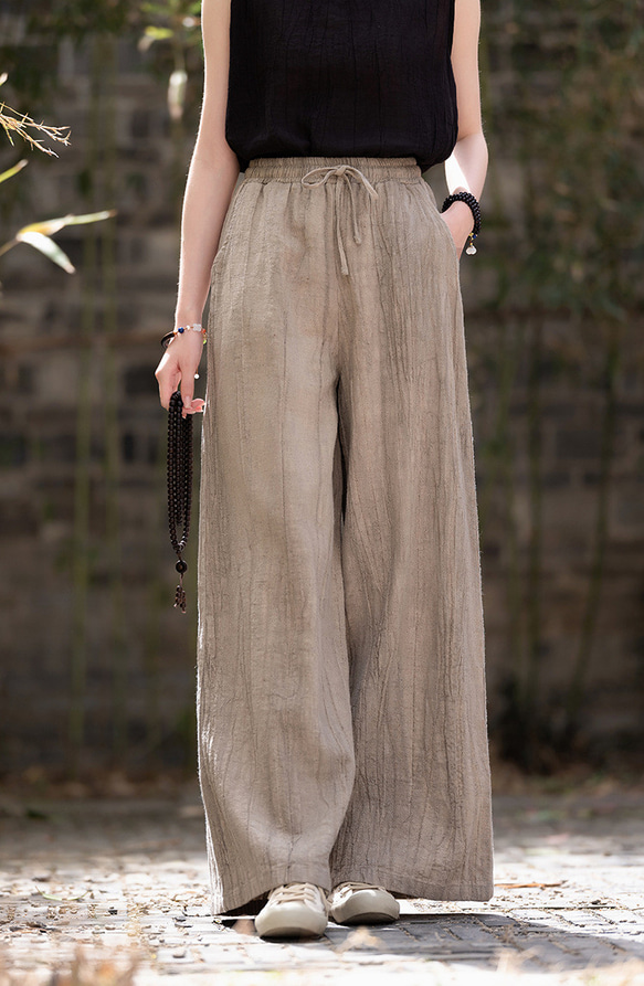 紮染め苎麻キュロット 砂洗ワイドパンツ #6196麥色 8枚目の画像