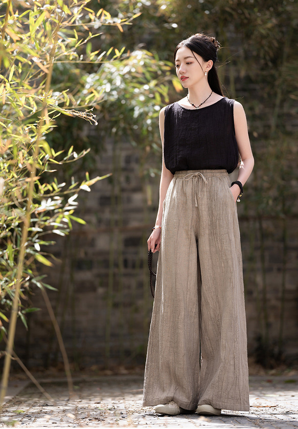 紮染め苎麻キュロット 砂洗ワイドパンツ #6196麥色 12枚目の画像